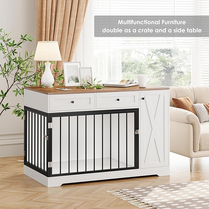 Dog Crate Furniture Kennel with Double Doors Wooden Pet House with 2 Drawers and Storage Cabinet, Indoor Dog Cage Farmhouse Modern Side End Table for Small Medium Dogs, White