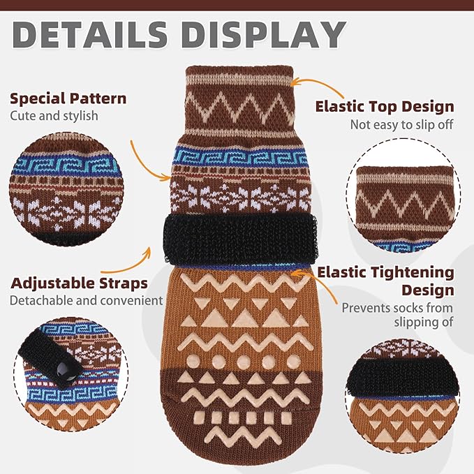 KOOLTAIL Dog Socks to Prevent Licking Paws for Hardwood Floors Anti Slip, Winter Warm Pet Boots&Paw Protector with Grippers, Double Sides Dog Shoes Booties for Small Medium Large Senior Dogs Khaki XL