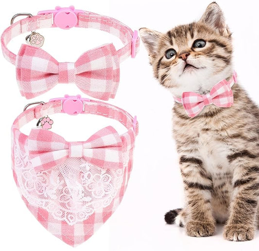 EXPAWLORER Cute Cat Collar Breakaway with Bells - 2 Pack Adjustable Plaid Pet Collar with Removable Bow Tie and Bandana, Safety Buckle for Girl Boy Cats Kitten, Pink Plaid