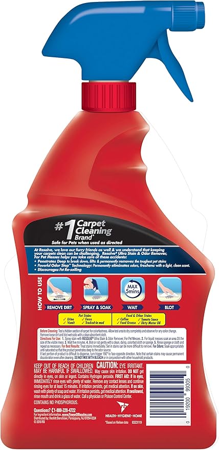 Resolve Ultra Pet Odor and Stain Remover Spray, Carpet Cleaner, 32oz (Pack of 2)