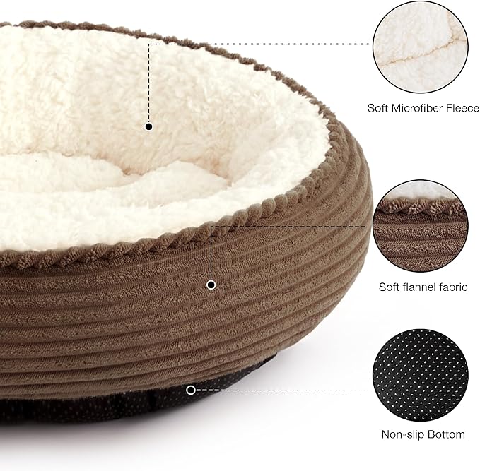 Love's cabin Round Donut Cat and Dog Cushion Bed, 25in Pet Bed for Small or Medium Dogs, Anti-Slip & Water-Resistant Bottom, Soft Durable Fabric Pet Beds, Washable Calming Cat Bed Brown Stripe