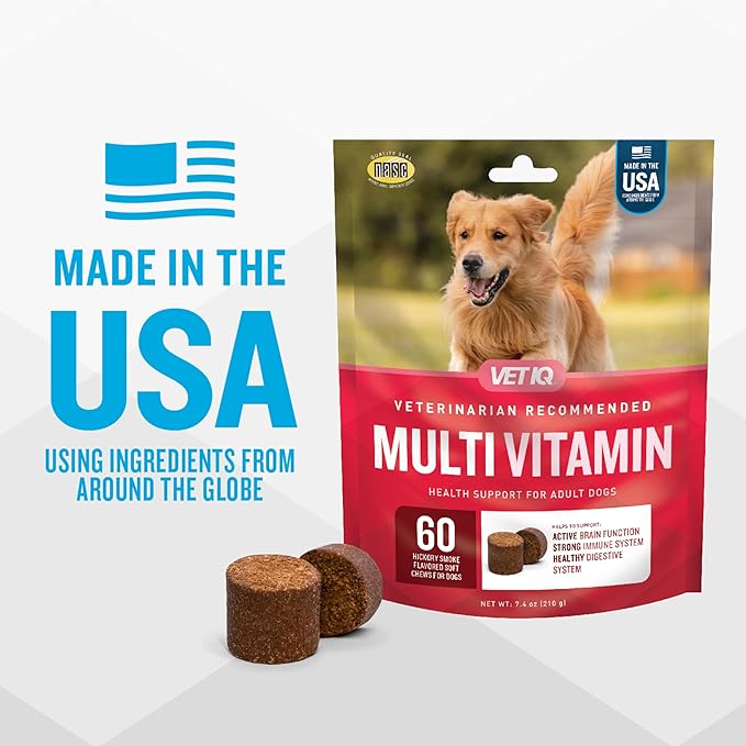 VetIQ Multivitamin Supplement for Dogs, Supports Active Brain Function, Immune System, and Digestive System, Hickory Smoke Flavored Dog Multivitamin, Made in The USA, 60 Count (Pack of 2)