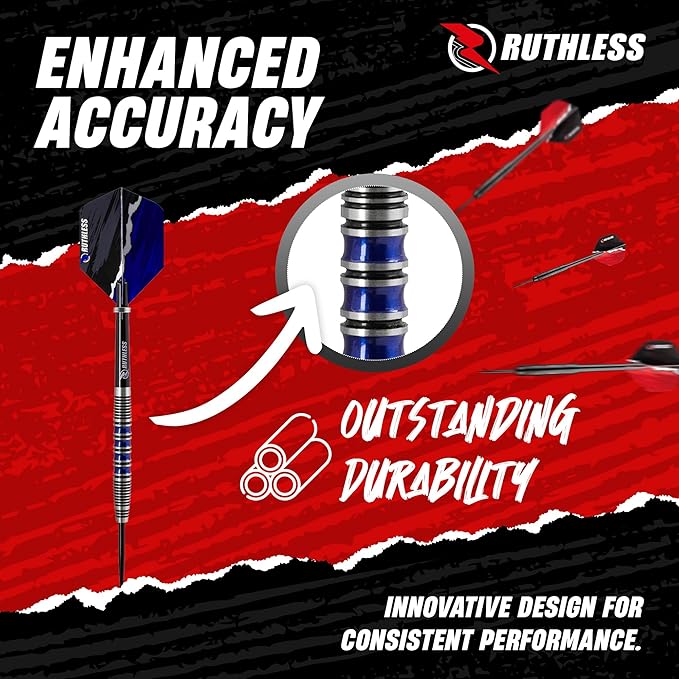 RUTHLESS Red Falcon Professional Tungsten Steeltip Darts Set in 22g and 24g, with Flights and Stems Shafts