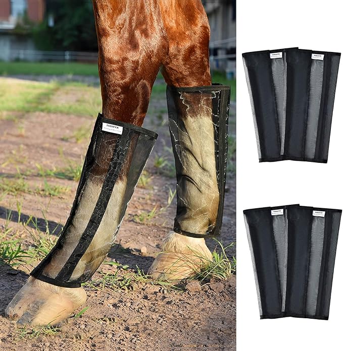 Mesh Horse Fly Boots Set of 4, Non-Slip Horse Leggings, Loose Fitting Fly Boots for Horses, Breathable Adjustable Leg Wraps, Reduce Stomping & Stay Up, Not Sag, No Rub