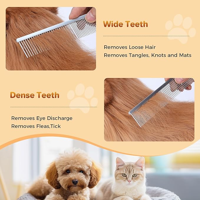 7.5 Inch Professional Stainless Steel Pet Grooming Comb for Dogs & Cats, Wide & Dense Teeth for Removing Tangles, Knots,Undercoat,Flea,Excess Hair, Rounded Corners Design for Safe,Metal Dematting Tool