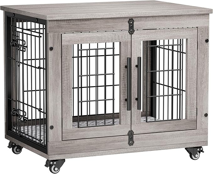 Lulive Small Dog Crate Furniture Set of 2, Dog Kennel Indoor Double Doors Wooden Dog Cage, 27'' Heavy Duty Dog Crate with Cushion & Wheels, End Table Pet House Chew-Resistant Up to 30 lb, Grey