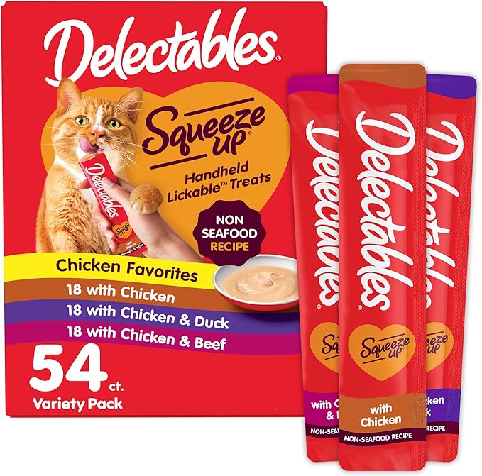 Delectables Squeeze Up Non-Seafood Variety Pack, Creamy Squeezable Puree, Lickable Wet Cat Treats, Grain Free, No Added Fillers, No By-Products, No Added Preservatives, 0.5 Ounces Tube, 54 Tubes Total