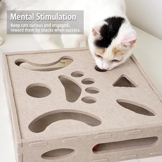 PETKARAY Felt Cat Puzzle Toy, Interactive Cat Toys for Indoor Cats, Interactive Maze for Kitten Felt Puzzle Box with Ball, Beige