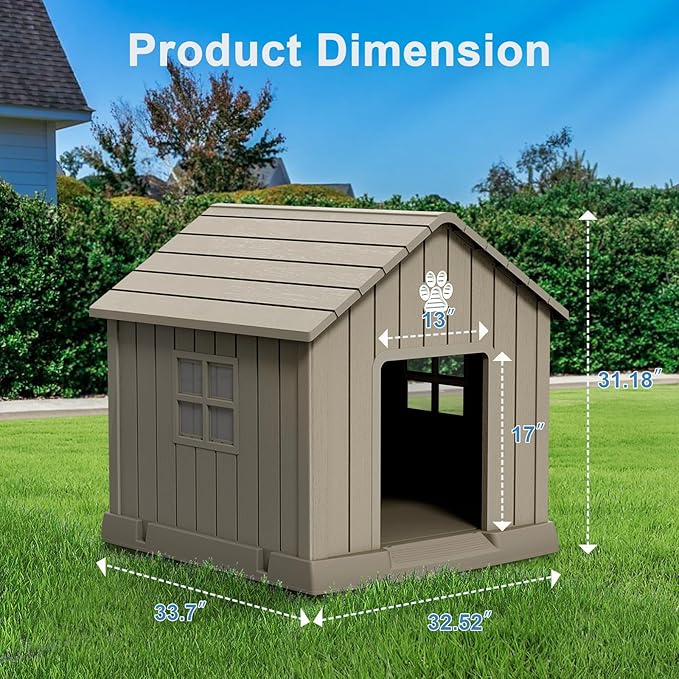 Dog House Indoor Outdoor for Small to Large Sized Dogs Resin Outdoor Dog House with Ventilation Puppy Shelter with Elevated Floor, Easy to Assemble, Blue