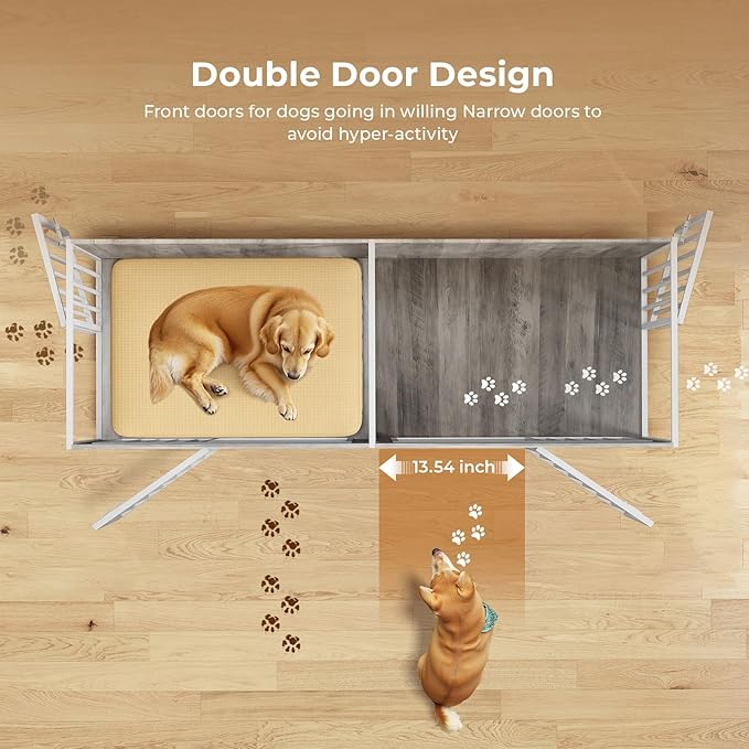78 Inch Dog Cage Furniture for 2 Large/Medium Dogs with Removable Divider, Extra Large Double Doors Dog Kennel, XXL Thick Wooden Dog cage Furniture, Durable and Sturdy, Beige