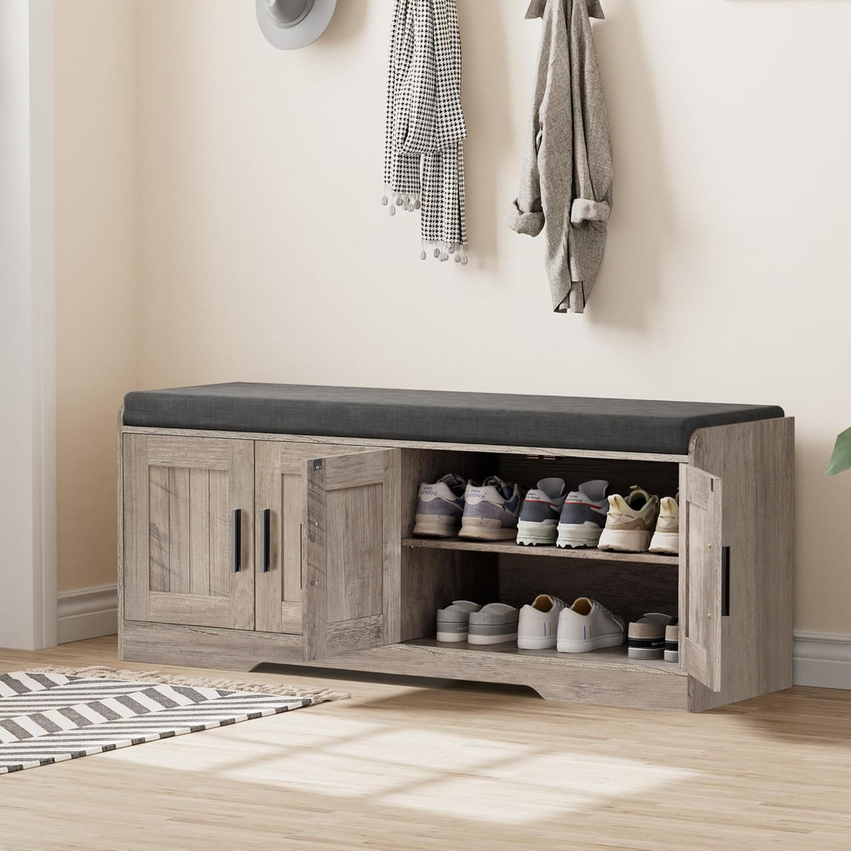 2-Tier Storage Bench, Shoe Bench with Thickened Padded Seat Cushion, Entryway Bench with 4 Doors, Adjustable Shelf, 13.8" D x 45.3" W x 18.5" H, for Entryway, Living Room, Bedroom, Greige