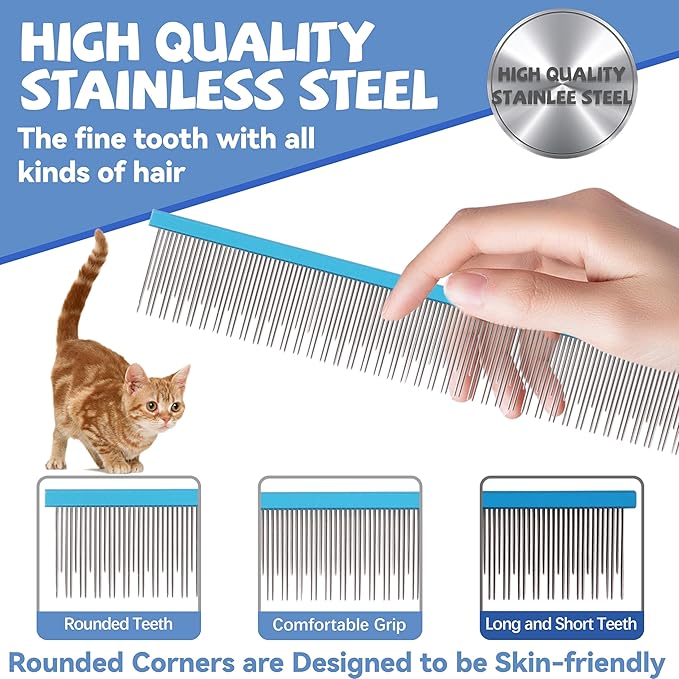 8.5 Inch Upgrade Blue Professional Pet Comb,Dual-Tooth Grooming Comb Anti-Static Smooth Rounded Corners Prevent Friction Breakage and Irritation,Removing Excess Hair for Long-Haired Cats and Dog