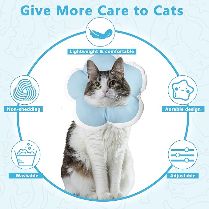 Cat Cone Collar Soft, Waterproof Cats Cones to Stop Licking After Surgery, Adjustable Soft Elizabeth Cats Collars for Wound Healing, Flower Shape Cat Recovery Collar (Blue, Large)