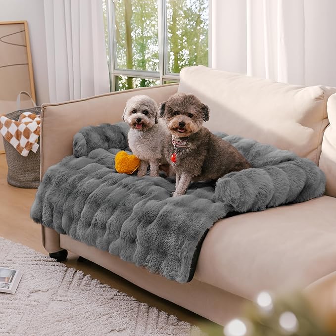FUNNY FUZZY Pet Fluffy Fuzzy Couch Cover, Calming Washable Dog Bed Sofa Protector Pets Mat for Small Medium Dogs and Cats (Grey,33.45 × 28.35 × 5.51 in)