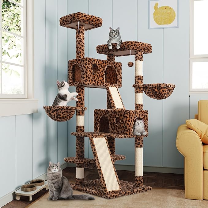 MUTICOR 66 Inches Multi-Level Large Cat Tree Tower for Indoor Big Feline/Cozy Plush Perches/Condo/Sisal Scratching Posts/Hammock and Baskets/Activity Center Play House/Wide Base/Leopard Print