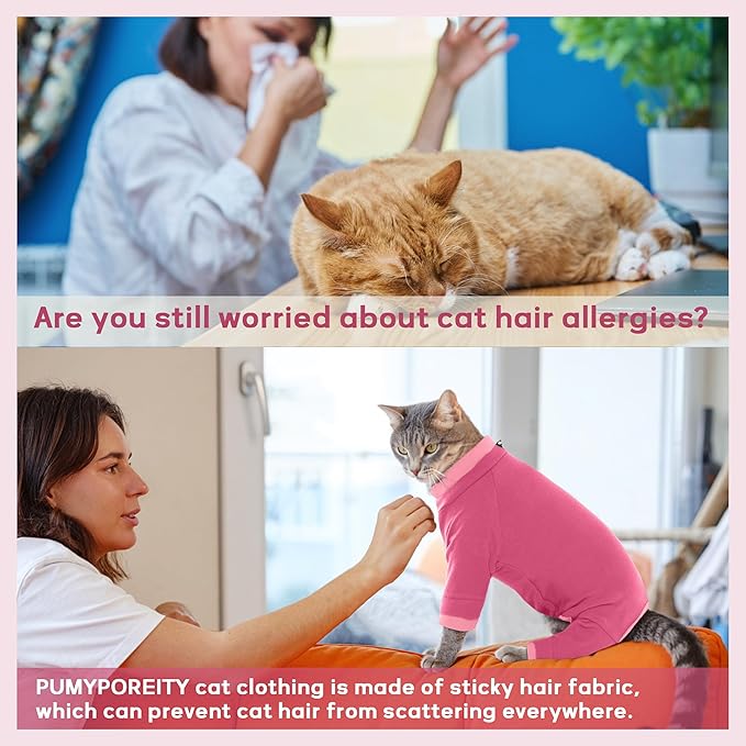 PUMYPOREITY Cat Hair Sticky Sweater, Recovery Suit - Breathable & Lightweight for Post-Surgery Protection, Cat Onsie Prevents Licking Wounds, Pink, XL