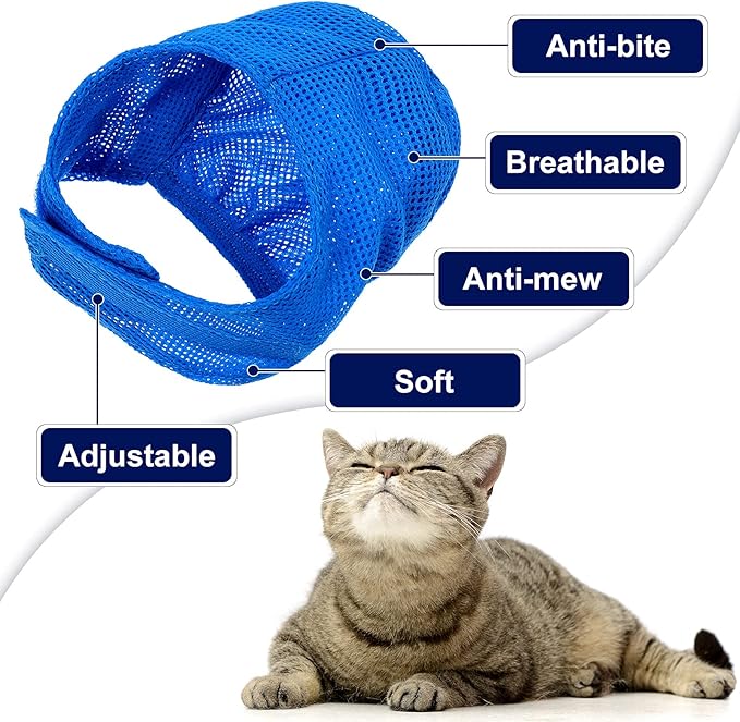 Patelai 5 Pcs Cat Bathing Bag Set Cat Grooming Bag Adjustable Pet Shower Net Muzzles Nail Clipper Tick Remover Tool Massage Brush(Blue)