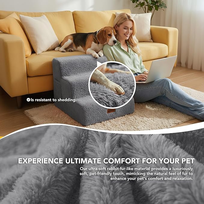 PETNOVO Ultra-Soft Rabbit Fur-Like Dog Stairs for Couch/Bed, Luxury Comfort 3-Step for Small & Senior Dogs, Non-Slip, Removable Washable Cover, Oeko-TEX Certified, 22.4" D x 15.7" W x 15.7" H, Gray