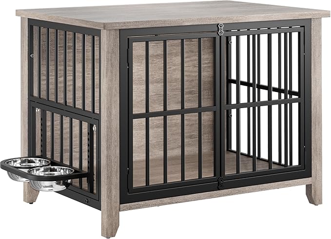 Lulive Dog Crate Furniture, Wooden Dog Kennel Indoor with Adjustable 360°& Height Dog Bowls, Double Doors Furniture Dog Crates End Table for Small/Medium 31.5" L*22.5" W*25.6" H, Grey