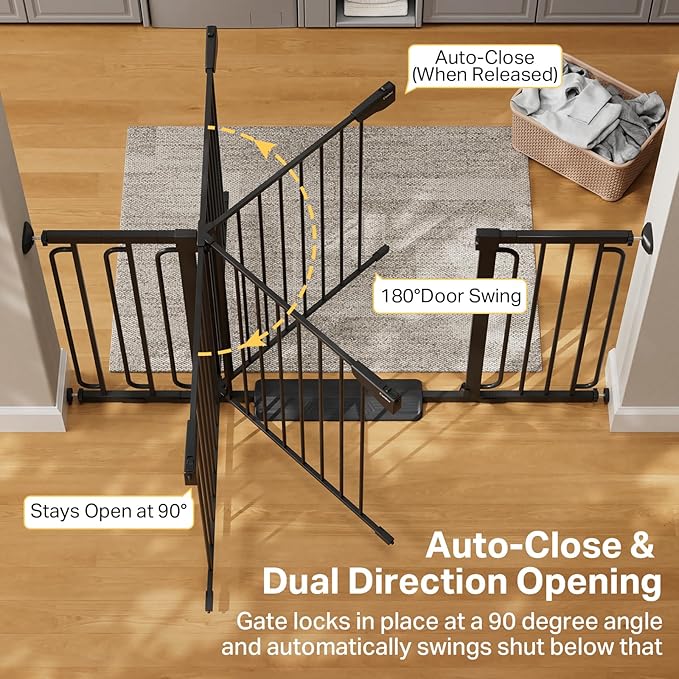 Cumbor 36.6-59" Extra Wide Baby Gate for Stairs, Pressure Mounted Dog Gate for Doorways, Auto-Close Easy Walk Through Safety Child Gate for Kids Toddler, Tall Pet Gates Indoor, Black