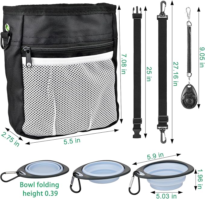 CONLI Dog Treat Pouch with Folding Bowl and Training Clicker, Treat Pouches for Pet Training Built-in Poop Bag Dispenser, Dog Training Treat Pouch for Pet Training Walking