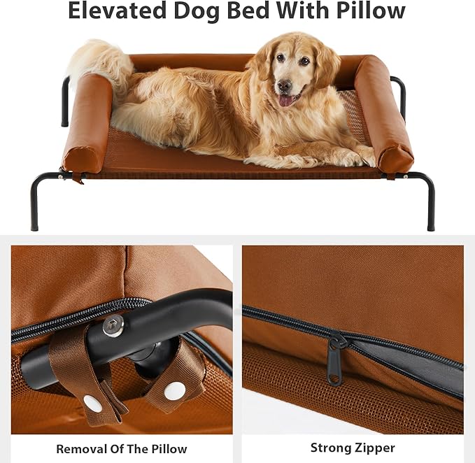 RRPETHOME Large Elevated Cooling Dog Bed, Raised Dog Cot Beds for Large Dogs, Elevated Outdoor Pet Cot, Chew Proof Portable Cooling Pet Cot with Skid-Resistant Feet and Breathable Mesh