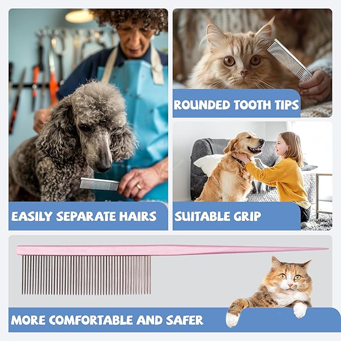 Grooming Pet Comb Rat Tail Dematting Cat and Dog Comb，Rounded Ends Design for Safe Tangle Removal, Hairstyling, Massage，Loose Hair Removal，Prevent Irritation，Fluffing Paws,Face,Tail,Remove Tear Stain