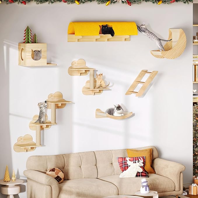 Cat Wall Shelves and Perches, Solid Wood Wall Mounted Cat Furniture, Set of 13 Cat Climbing Shelves with Moon Hammock, House, Wall Ladder, Scratching Post and Cat Tunnel