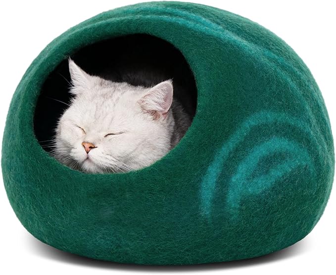 MEOWFIA Cat Cave – Premium Felt Cat Bed for Indoor Cats, Handmade 100% Merino Wool (Medium, Emerald)