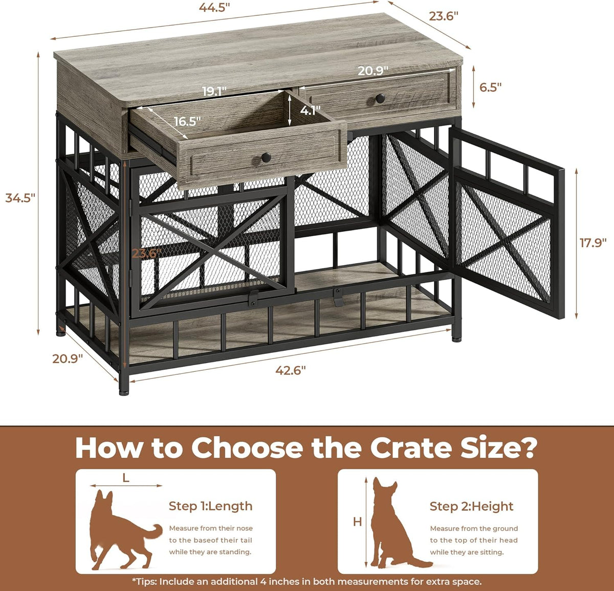 IRONCK 44 inch Large Dog Crate Furniture, Wooden Dog Kennel with Storage Drawers for Medium/Large Dogs, Decorative Dogs Kennel Indoor, Light Ivory