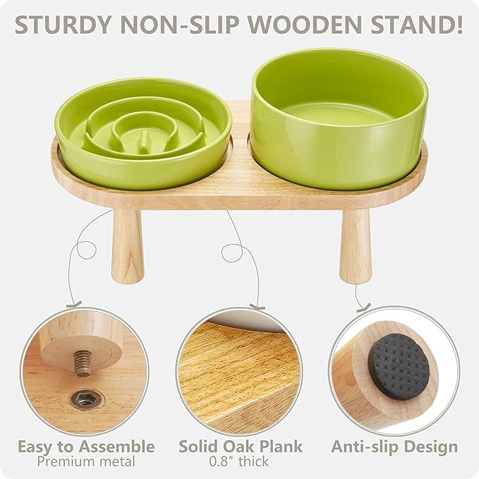 Ceramic Slow Feeder and Water Bowl Set for Medium and Large Dogs, Ceramic Dog Bowls Elevated with Wooden Stand, 2.0 Cups Dog Slow Feeder(30oz) and 70oz Water Bowl Set, Green