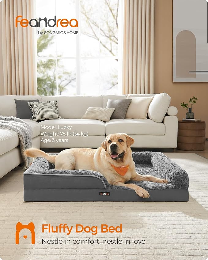 Feandrea Orthopaedic Dog Bed for Large Dogs, Waterproof Dog Sofa Bed with Removable Washable Cover, 36 x 27 x 6.5 Inches, Slate Gray UPGW252G02