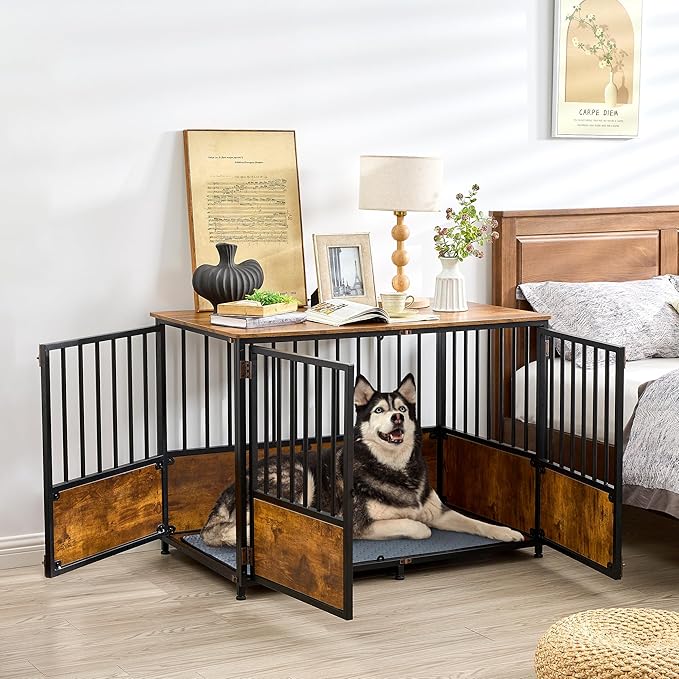 KOOPRO 43.7" Inch Dog Crate Furniture with Cushion for Large Dogs, Wooden Heavy Duty Dog Kennel with Double Doors Indoor, Decorative Pet House Dog Cage Side End Table, Rustic Brown