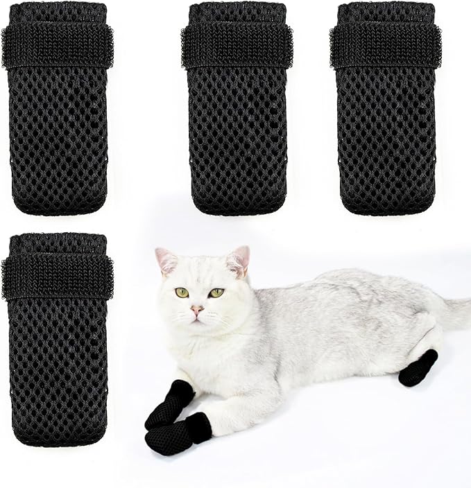 4 PCS Cat Boots, Cat Mittens to Prevent Scratching, Breathable Mesh Cat Foot Covers, Adjustable Cat Claw Protectors or Cats When Bathing and Nail Trimming