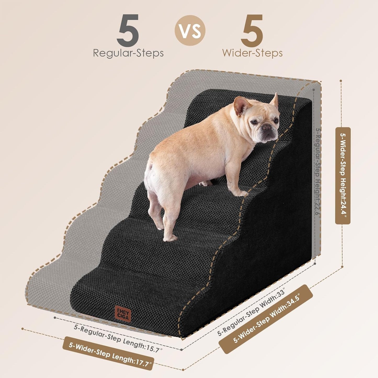EHEYCIGA Curved Dog Stairs Ramp for High Beds, 5-Step Extra Wide Dog Steps for Small Dogs and Cats, Pet Stairs for High Bed Climbing, Non-Slip Balanced Pet Step Indoor, Black