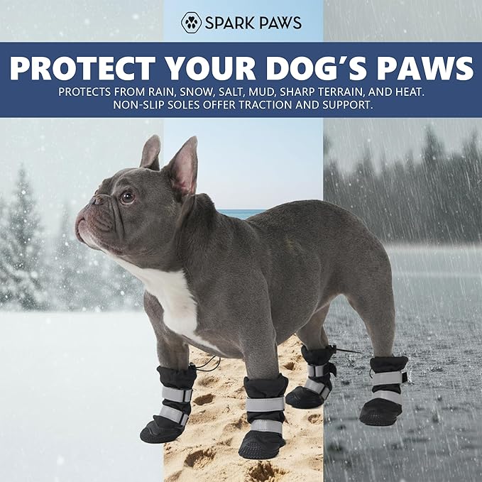 Spark Paws Dog Shoes, Waterproof Dog Boots for Medium to Large Dogs, Non Slip, Breathable Dog Booties and Paw Protectors - 4PCS Doggie Hiking Boots with Reflective Straps - Black - Size 7
