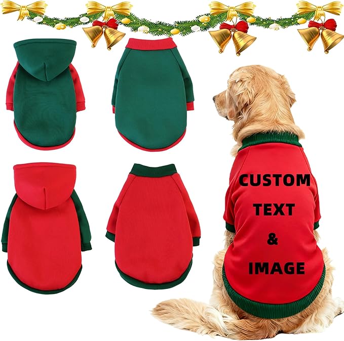 Custom Dog Hoodie, Personalized Sweatshirt with Photo Text Name Logo, Customized Hooded Sweater for Small Medium Large Dogs & Cats (Red + Green Sleeves, XXX-Large)