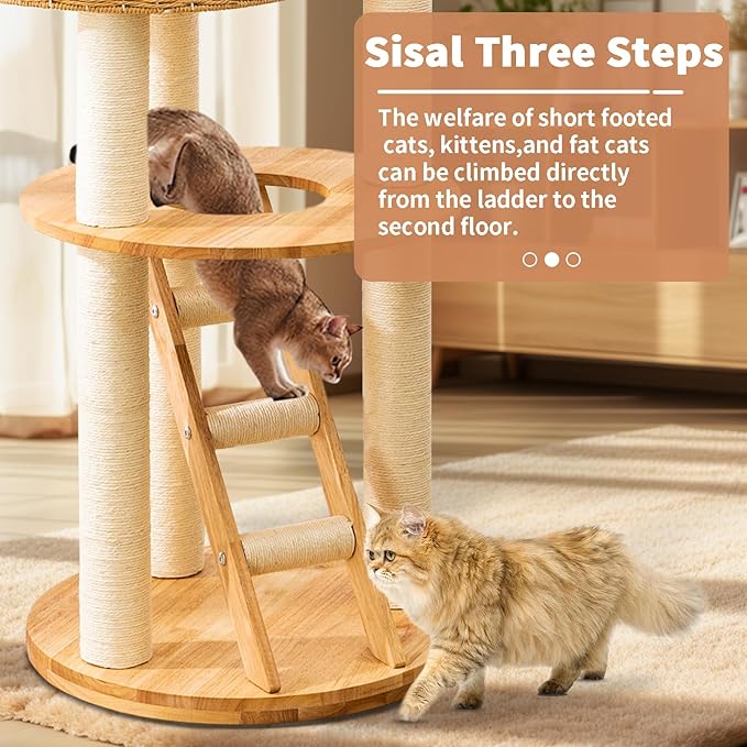 Big Modern Design Cat Tree Tower, Cat Tower Sisal-Covered Scratching Posts for Indoor Cats, Natural Oak Wood Cat Tree for Large Cats, Multi-Level Cat Condo with Sisal Staircase