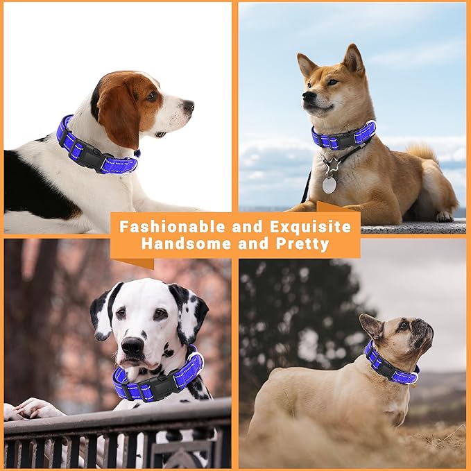 2 Pack Reflective Dog Collar with Safety Locking Buckle, Adjustable Soft Breathable Comfortable Nylon Pet Collar for Small, Medium and Large Dogs, Navyblue, M
