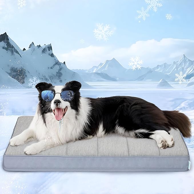 Cooling Dog Bed for Large Dogs - Orthopedic Pet Beds with Memory Foam, QMAX>0.5, Waterproof Removable Washable Cover for Hot Weather, Grey, 35" L x 23" W x 3" H