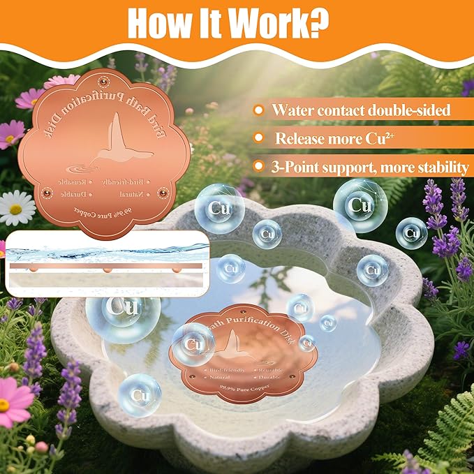1P 4inches Bird Bath Purification Disk, 99.99% Pure Copper Bird Bath Disc Safe Birdbath Cleaner Disks for Outdoor All-Season Use 0.6mm Birdbaths Copper Disk with 3 Point Support