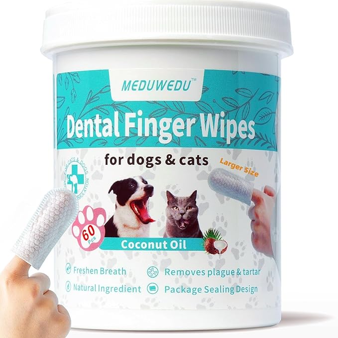 Wider Dental Care Finger Wipes 60 Counts,Teeth Cleaning Finger Wipes for Dogs & Cats,Reduces Plaque & Supports Oral Freshness, Small Animal Stain Removers, Coconut Scent