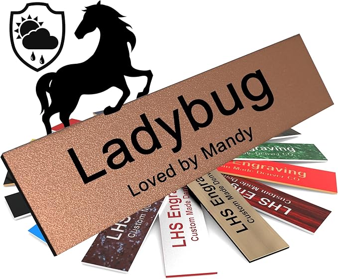 Horse Stall Name Plate, 2x10 Personalized Stall Signs, UV Protected, All Weather Adhesive, Hanging, Mounting or Other, Textured Copper Plastic Black Letters - Made in USA - M2