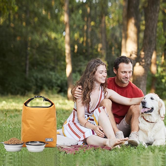 Pet Food Storage Bag,Dog Food Travel Bag with 2PCS Collapsible Dog Travel Bowls,Waterproof Kibble Storage Container(Yellow, Small)