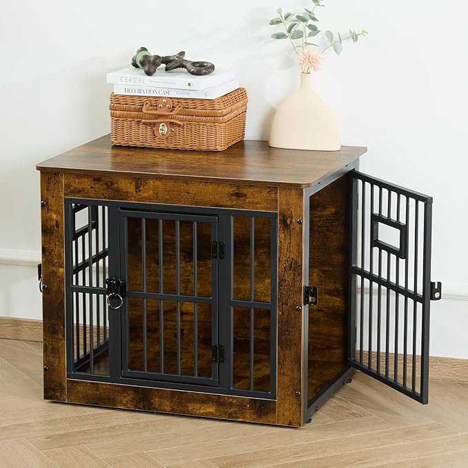 Gardner Pet Dog Crate Furniture for Small Dogs, 27.2 Inch Dog Kennel Indoor, Wooden Dog Cage End Table, Heavy Duty Dog Crate, Rustic Brown