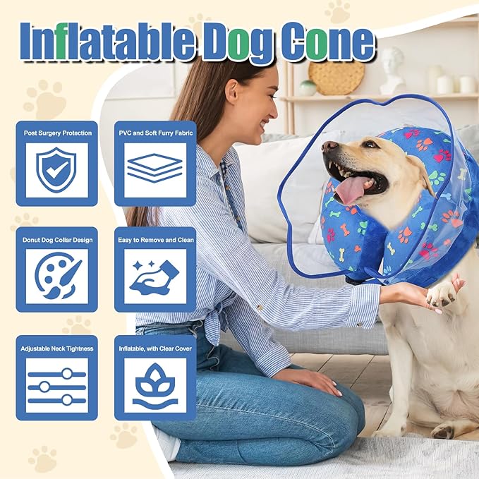 Inflatable Dog Cone Collar, Adjustable Size Soft PVC 2-in-1 Dog Donut Collar After Surgery with Detachable, Inflatable Collar for Small Medium Large Dogs and Cats (Blue, L)