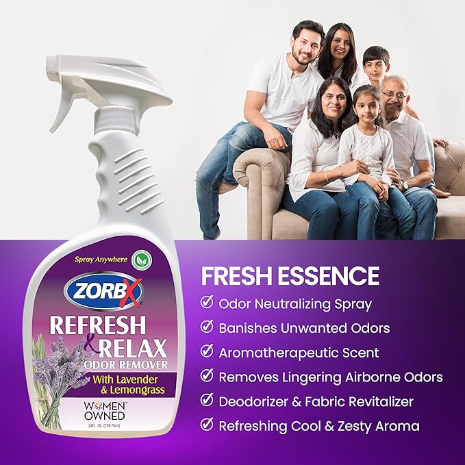 ZORBX Lavender & Lemongrass Spray, 24 Oz - All-Purpose Deodorizer, Refreshes Fabric, Removes Strong Odors, Perfect for Home, Car, Gym, Laundry