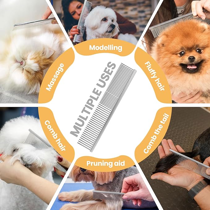 7.5 Inch Professional Stainless Steel Pet Grooming Comb for Dogs & Cats, Wide & Dense Teeth for Removing Tangles, Knots,Undercoat,Flea,Excess Hair, Rounded Corners Design for Safe,Metal Dematting Tool