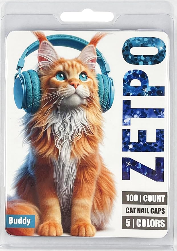 zetpo 100 pcs Cat Nail Caps | Cat Claw Covers | with Adhesives and Applicators (M, 5X Blue Glitter Shades)