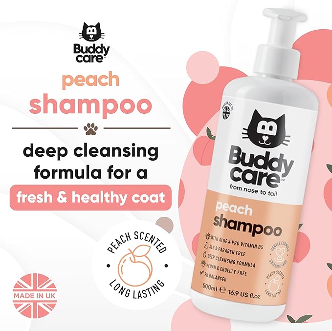 Peach Cat Shampoo - Deep Cleansing Shampoo for Cats - Fruity Scented - with Aloe Vera and B5 (16.90oz)